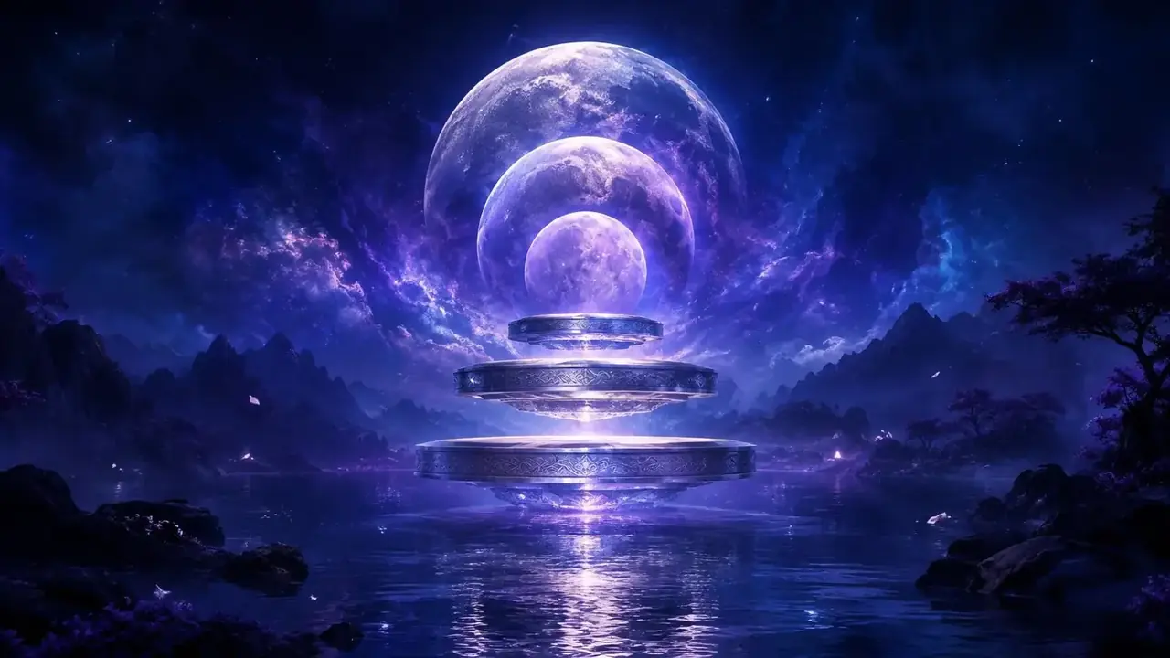 幻想热榜 - 黄豆短剧最新地址 幻想热榜页面主视觉:湖面上漂浮的月亮与银色榜单台